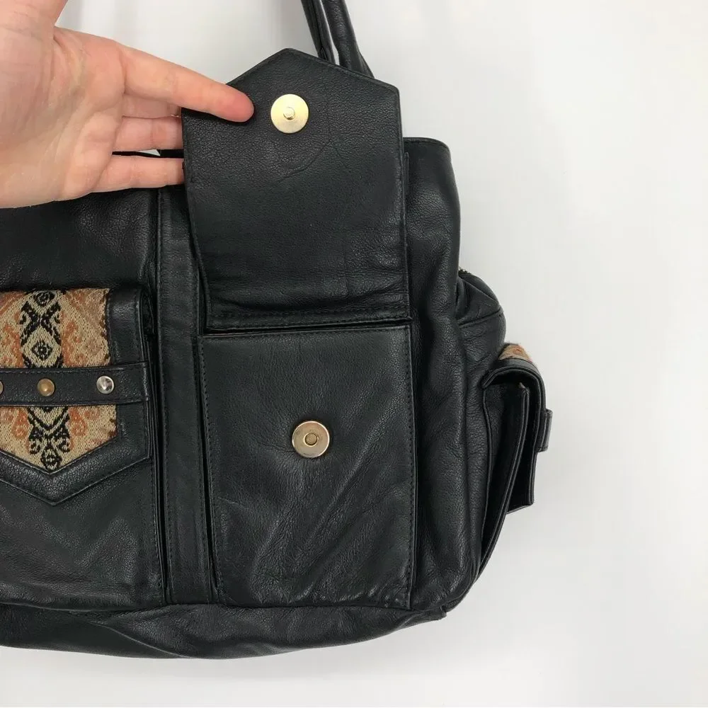 John Cole Satchel Bag‎ Leather Woven Tapestry Bag Black Zip Snaps Boho Chic